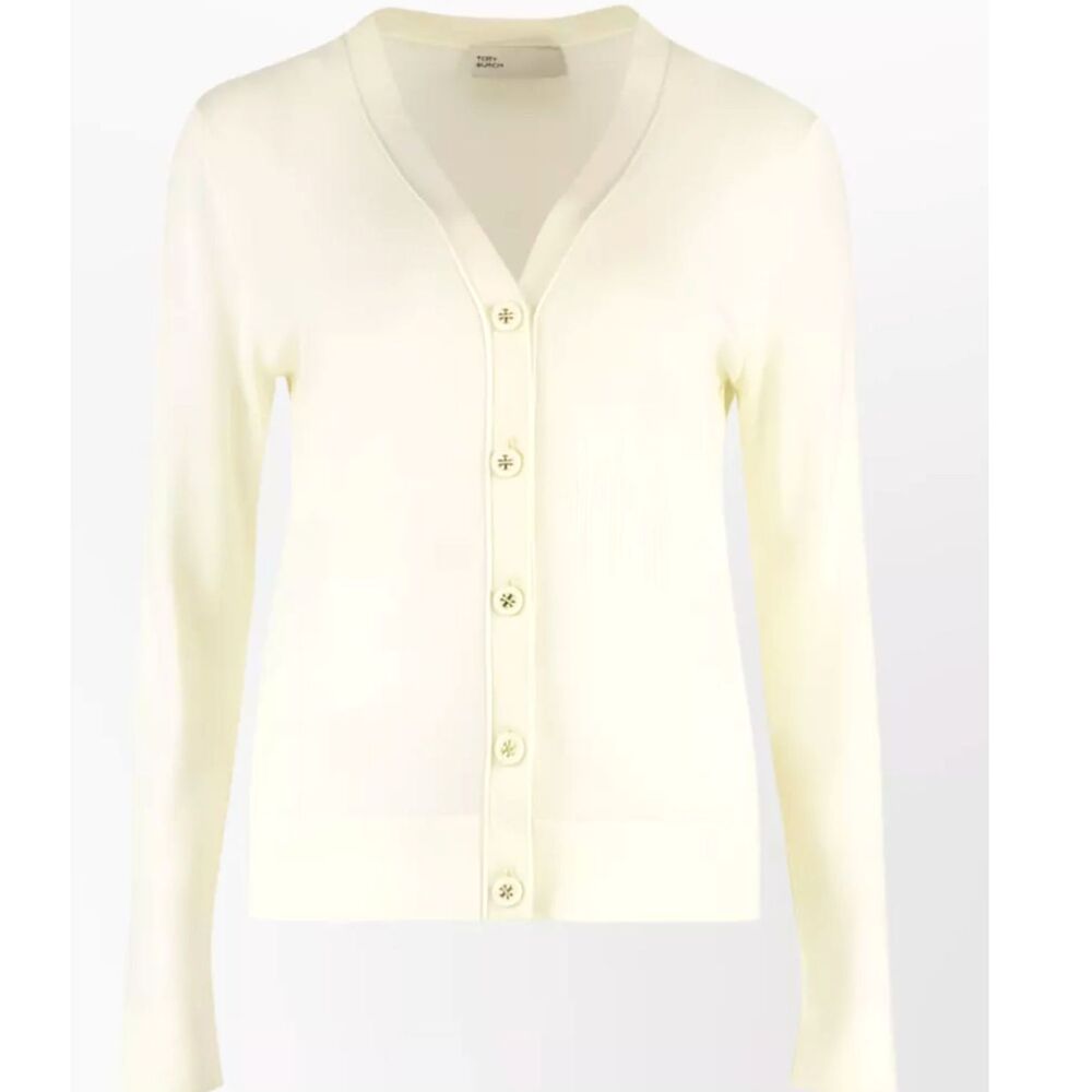 Tory Burch Simone V-Neck Wool Silk Cardigan New Ivory Cream Size Medium